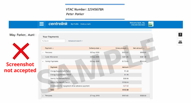 Example screenshot of benefit statement,which is not accepted.