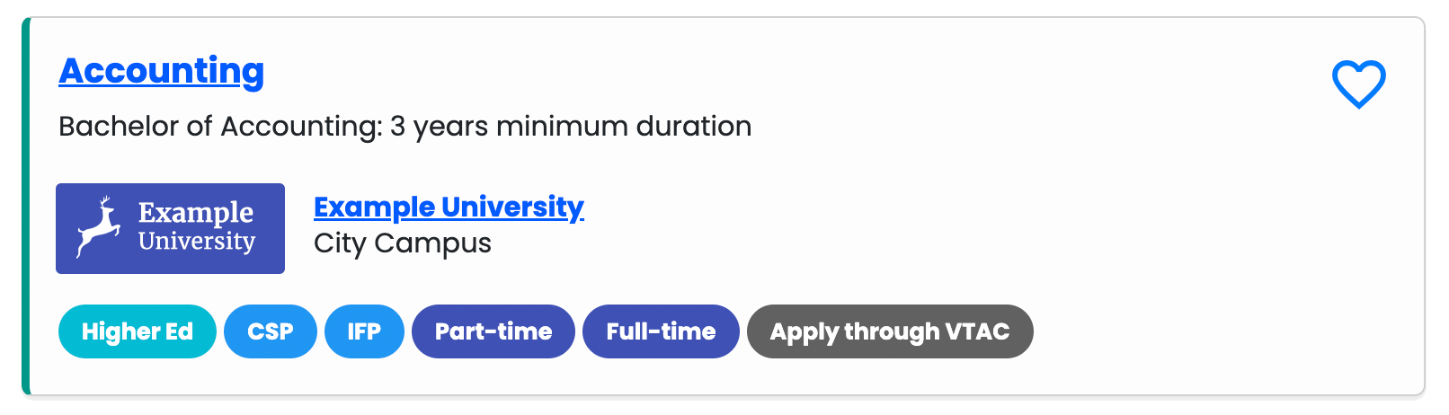 image of course result which shows the course title, qualification and minimum duration, and institution and campus, as well as a series of tags that are described in the following section