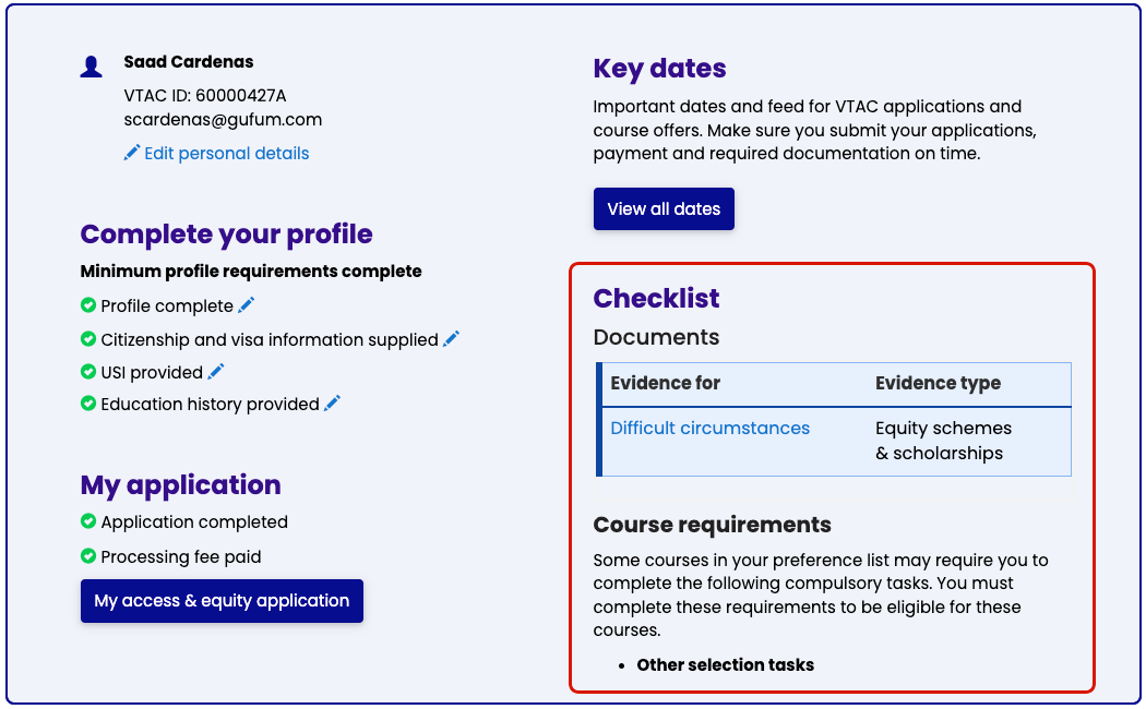 evidence table under checklist showing link to upload statement of support