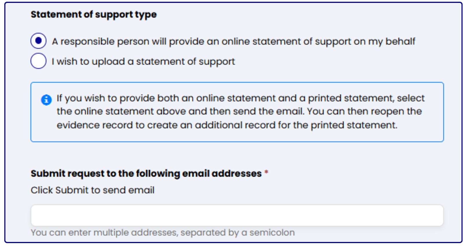 screenshot of form with radio button to request statement of support