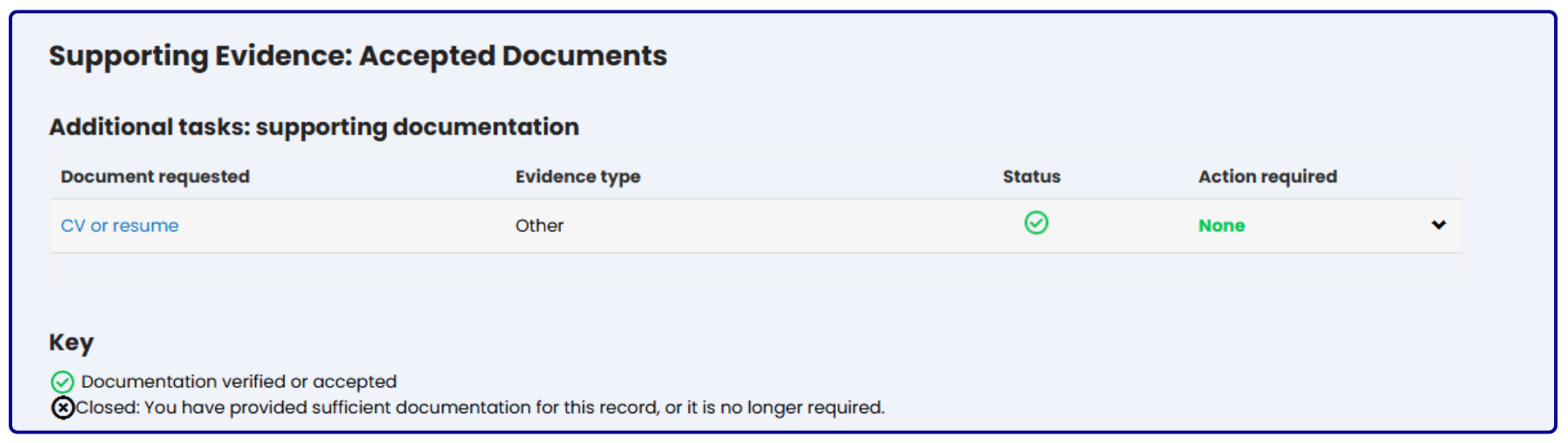 screenshot of summary table showing pending accepted document