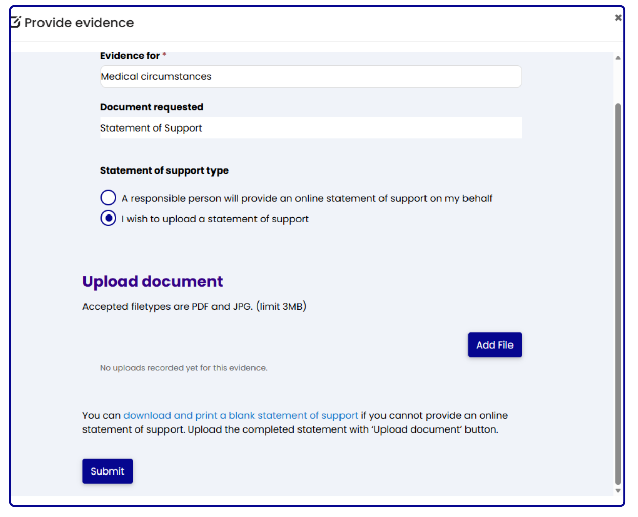 screenshot of form with radio button to request statement of support
