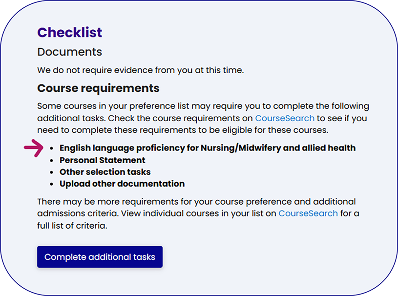 Dashboard showing course requirement and additional tasks button