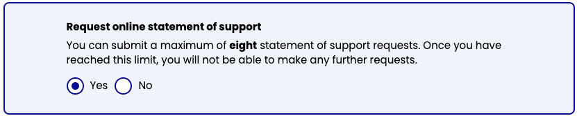 screenshot of form with radio button to request statement of support