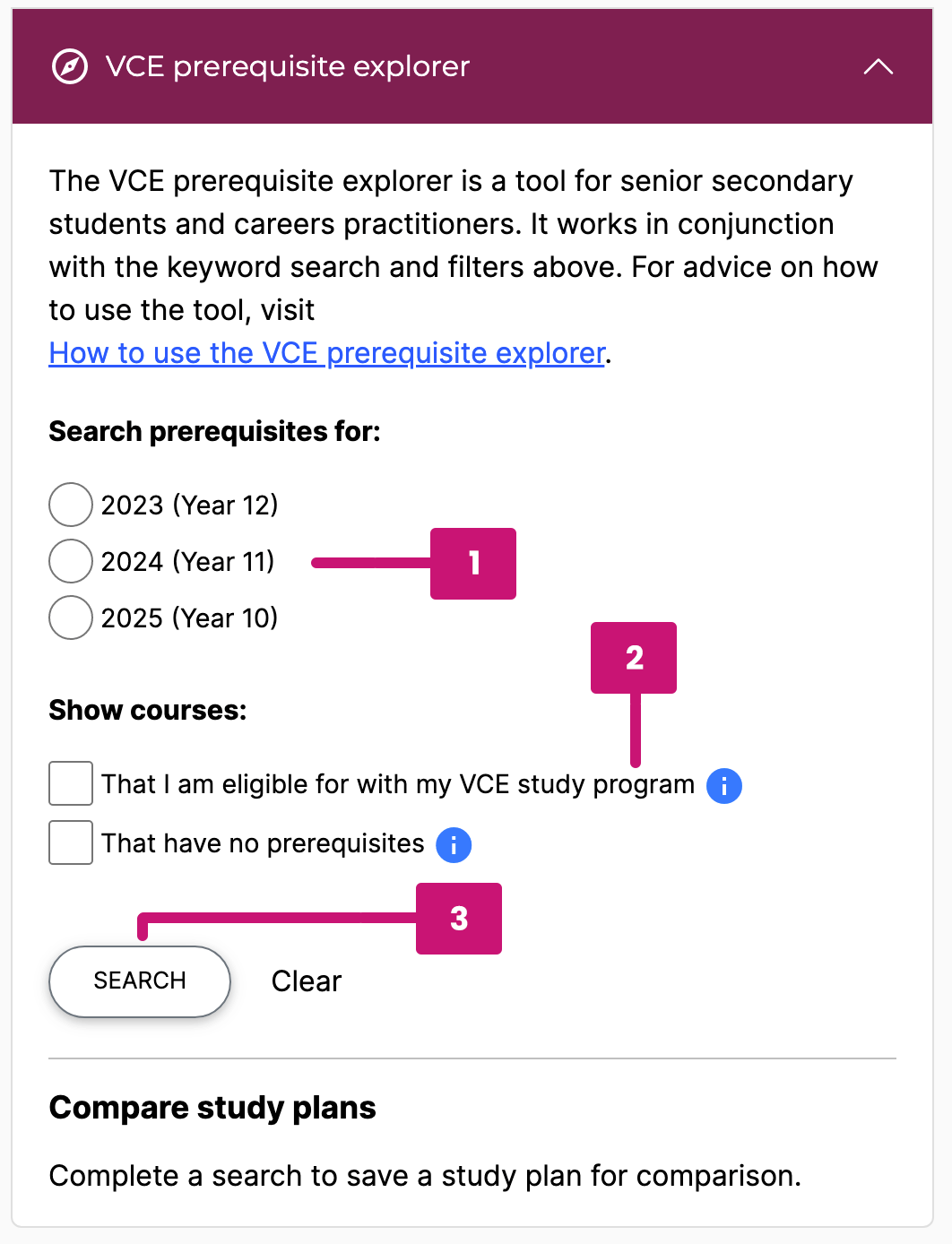screenshot of the prerequisite explorer showing items mentioned in dot points 1 to 3 above