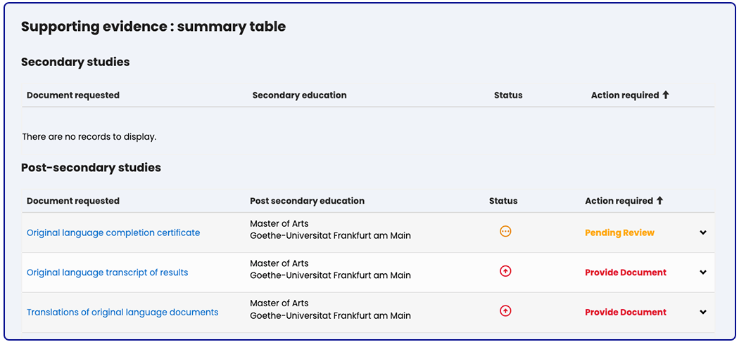 screenshot of summary table showing pending document and required documents