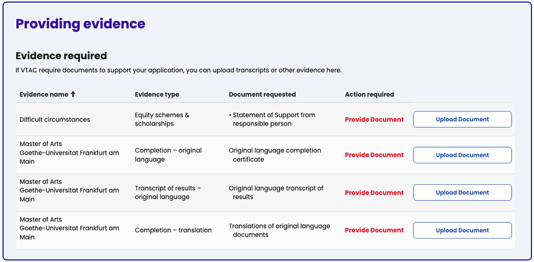 Evidence required table showing qualification and upload document button